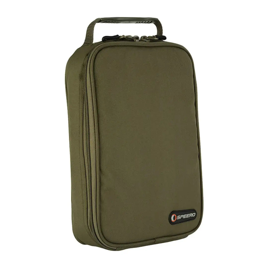 Olive green Speero End Tackle Pouch with handle and logo for fishing gear storage