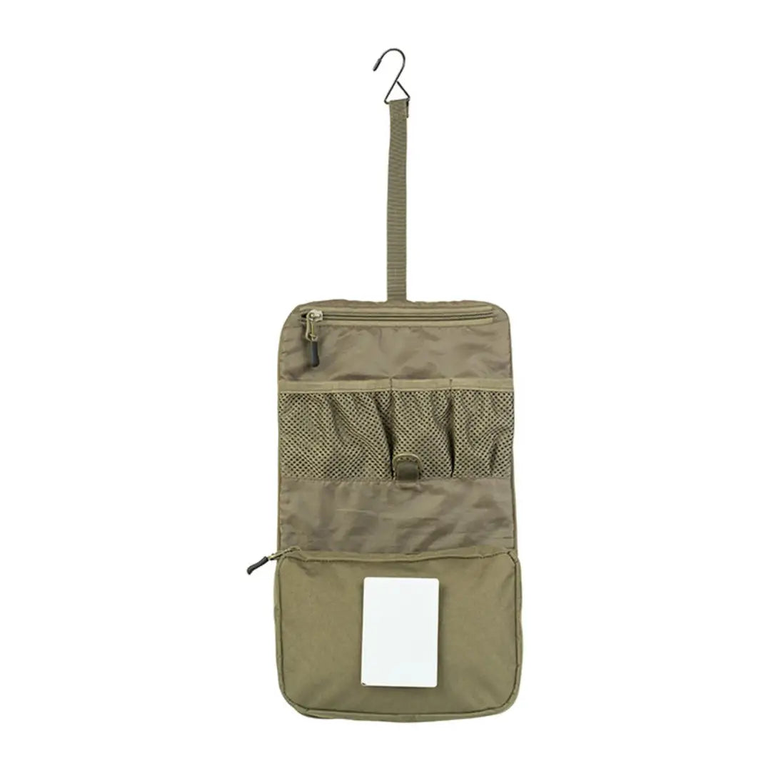 Khaki Speero Folding Wash Kit hanging toiletry bag with compartments and hook