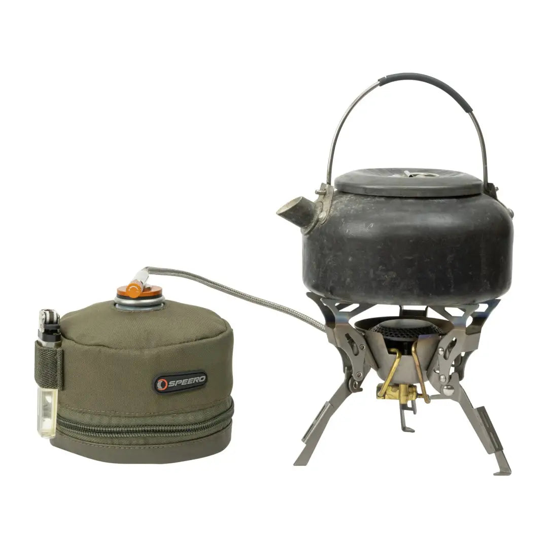 Camping stove with kettle and Speero Gas Canister Cover for added protection