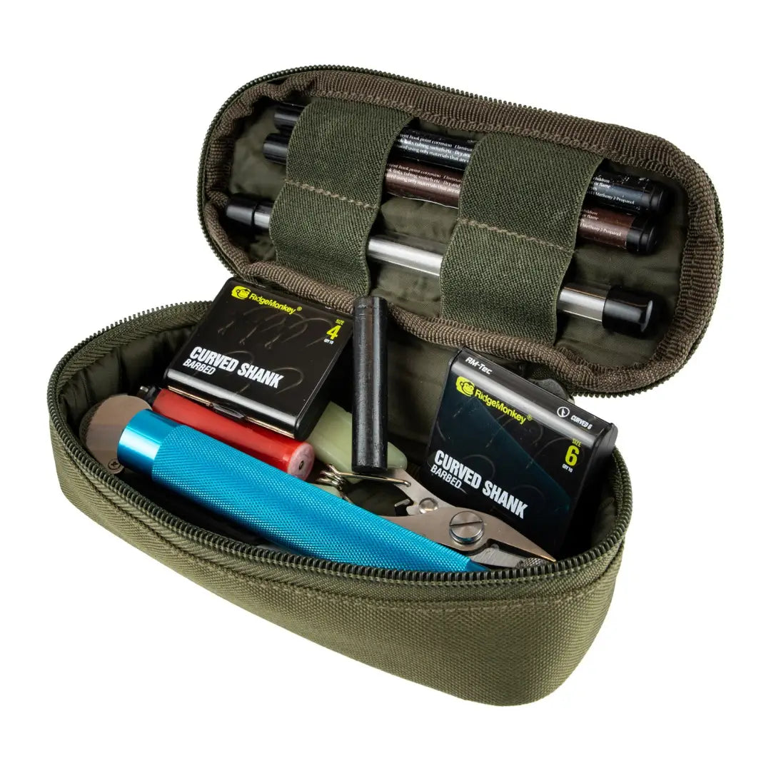 Olive green Speero Hook Sharpening Pouch with tools and accessories inside