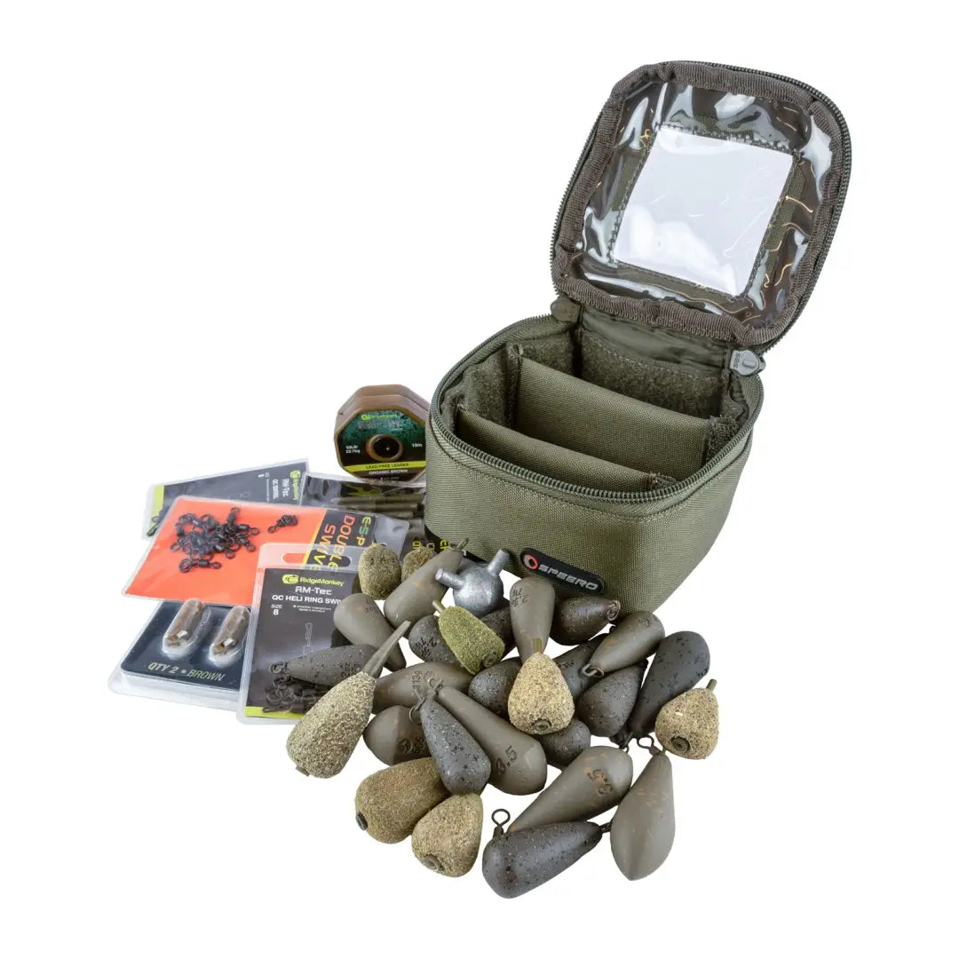 Olive green Speero Lead Pouch with fishing weights and accessories scattered around