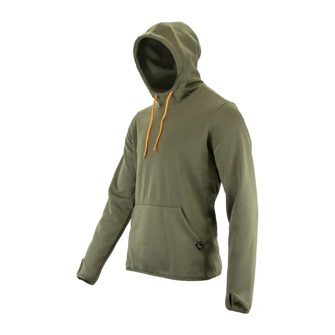 Olive green Speero Merga Hoodie with orange drawstrings and a cozy front pocket