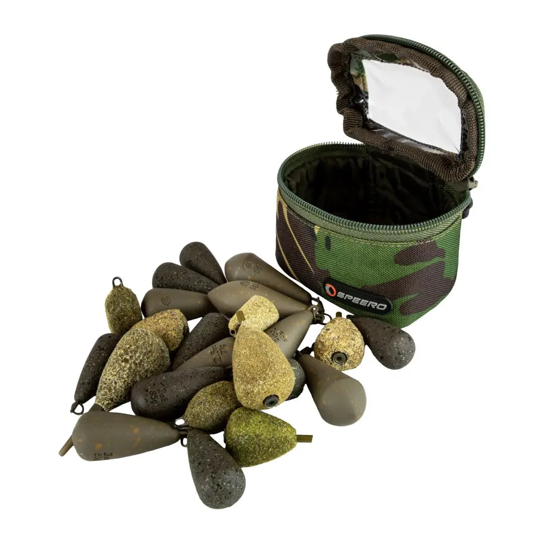 Camouflage Speero Midi Lead Pouch with fishing sinkers spilled out in front