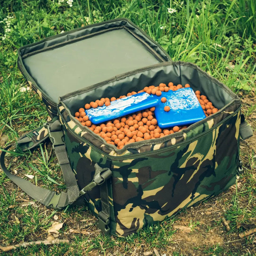 Camouflage Speero Modular Standard Cool Bag packed with boilies and fishing gear