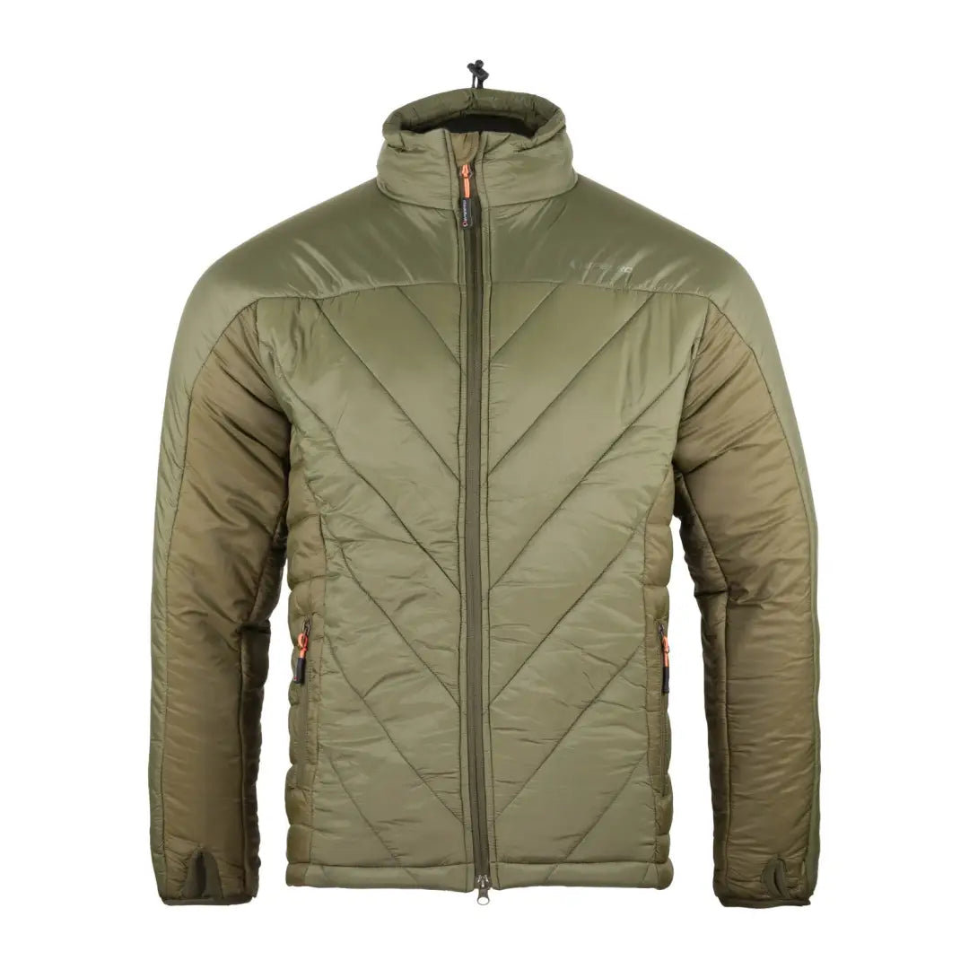 Olive green Speero Polaris Jacket with quilted design, full-length zipper, and high collar