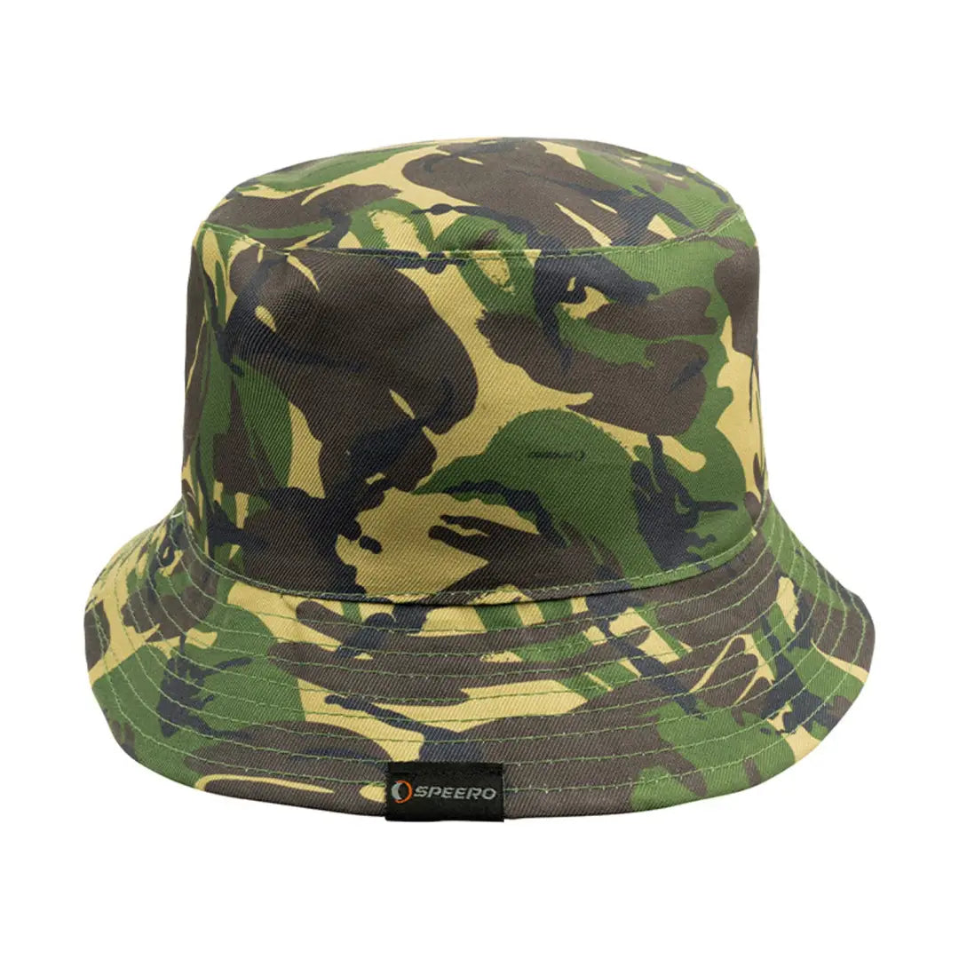 Camouflage-patterned Speero Reversible Bucket Hat in green, brown, and tan colors