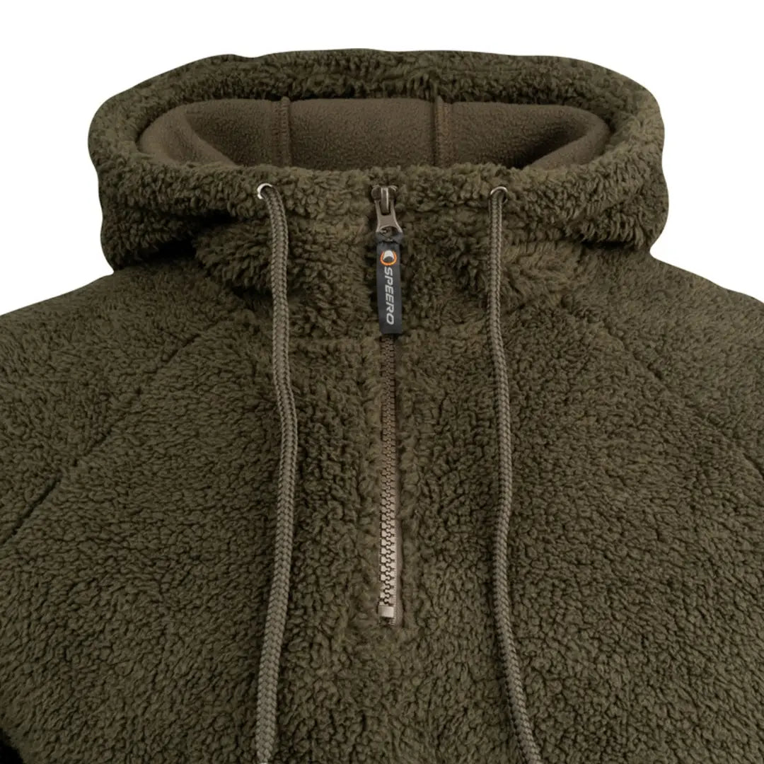 Olive green Speero Sherpa Fleece Hoodie with zippered front and drawstring hood