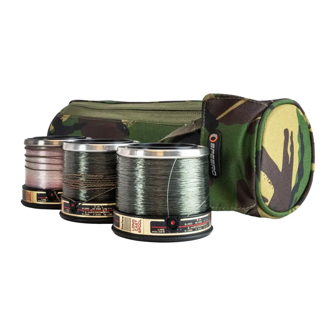 Camouflage Speero Spare Spool Case with three metal canisters for fishing line