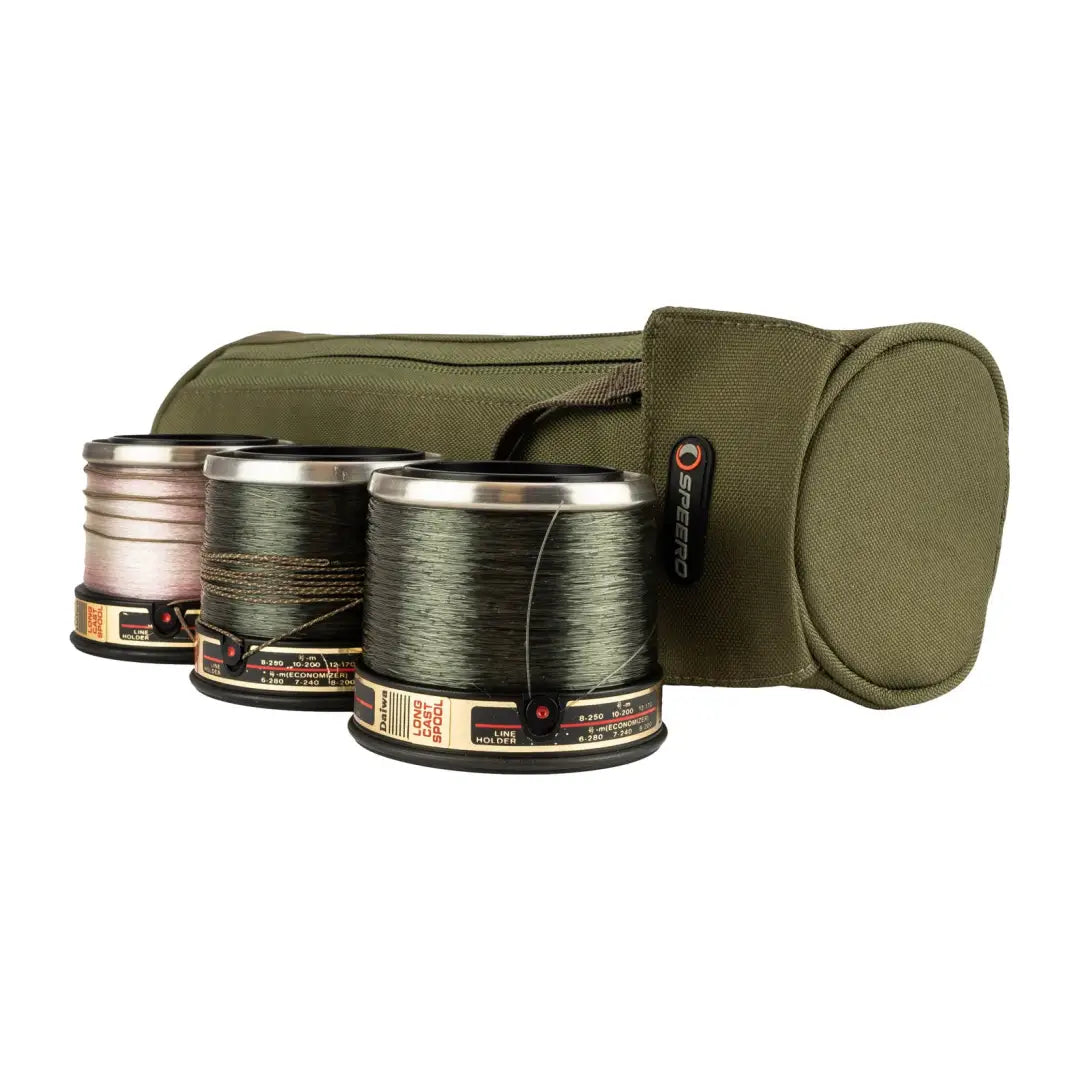 Olive green Speero Spare Spool Case with three metal fishing line spools inside