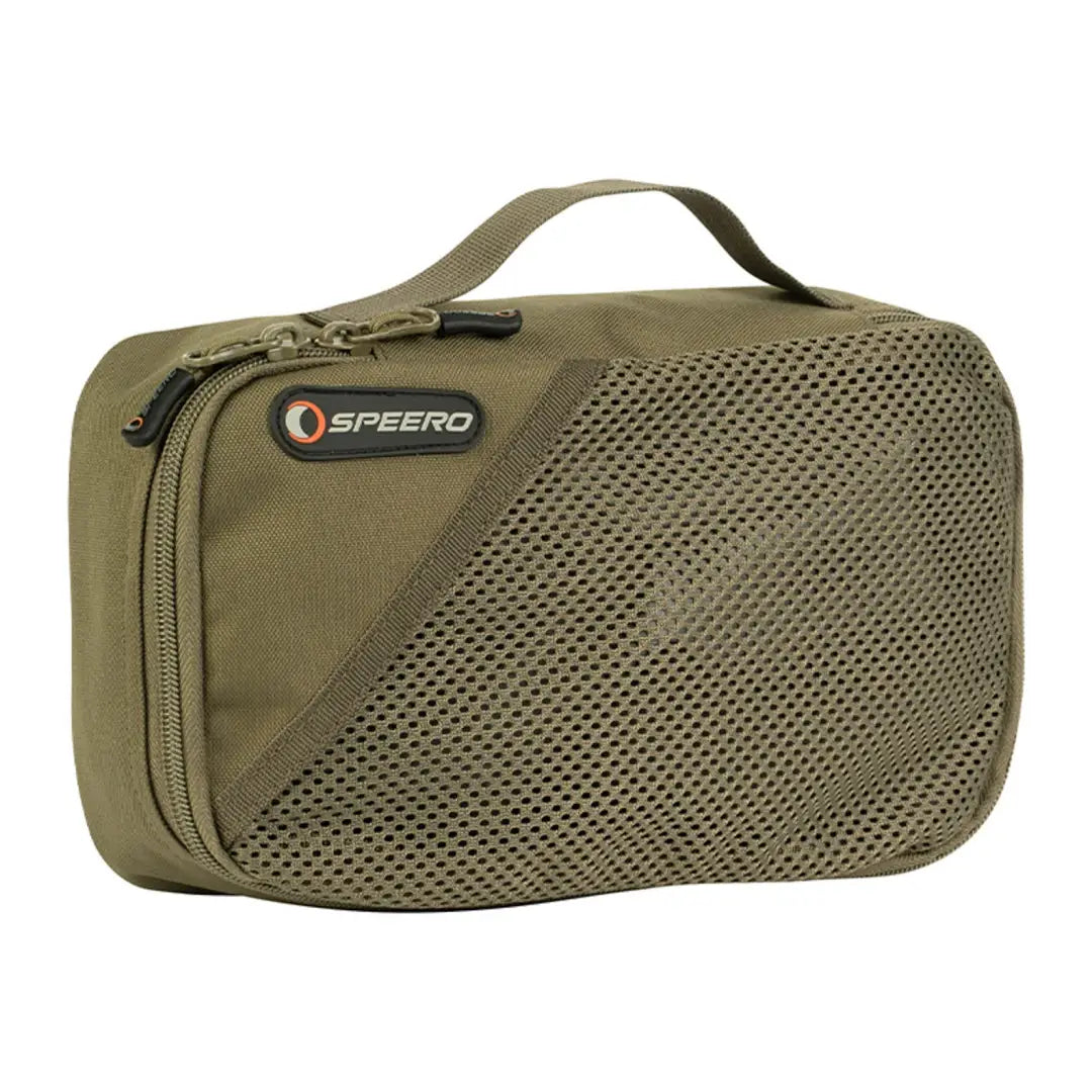 Olive green Speero Stash Bag with mesh panel, perfect for travel and toiletries