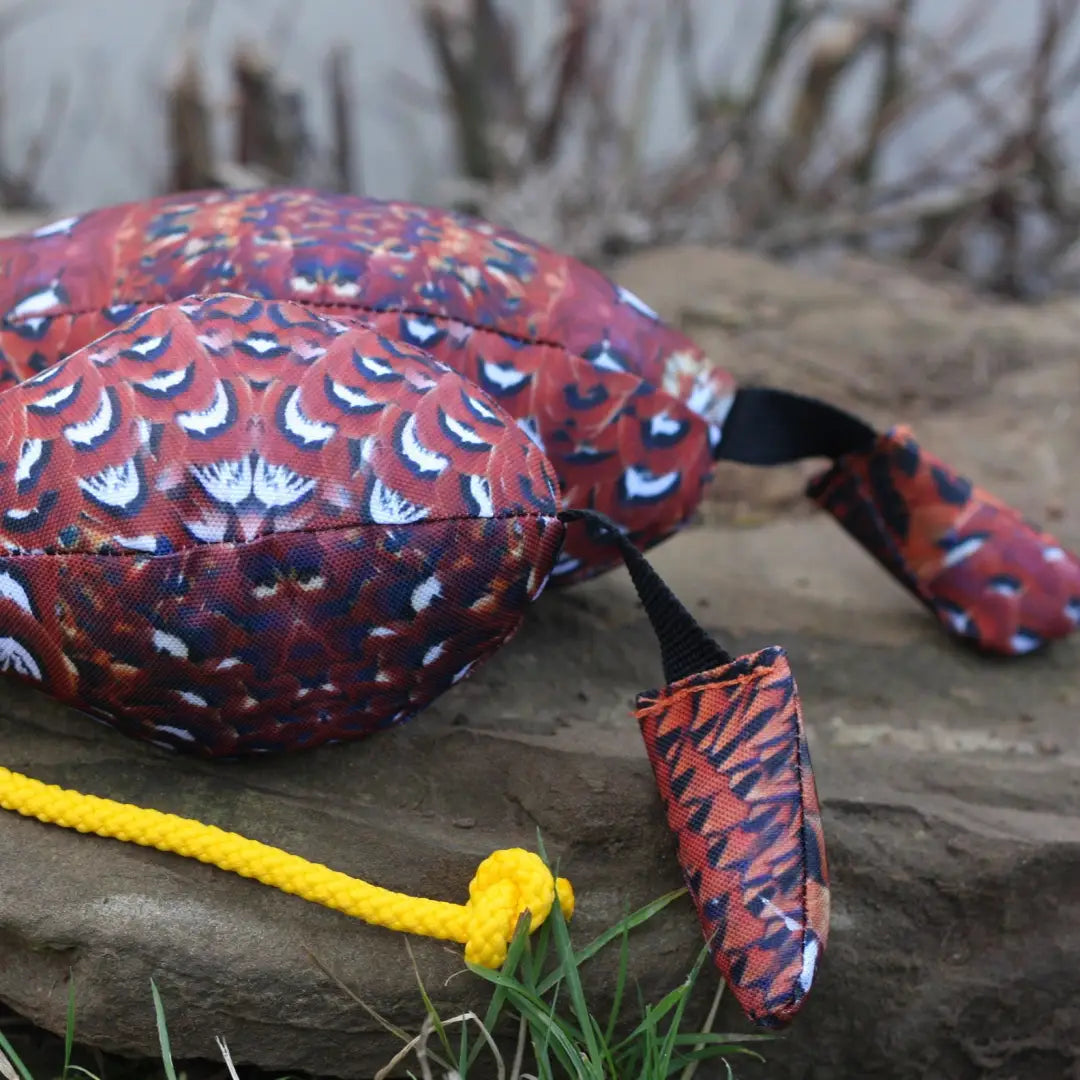 Colorful Sporting Saint Bird Dummy duck decoy with intricate red, blue, and white patterns