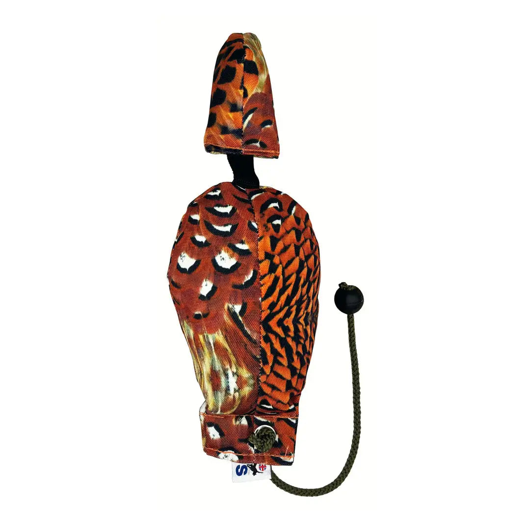 Decorative Sporting Saint Bird Dummy lure with colorful feathers and long throw cord