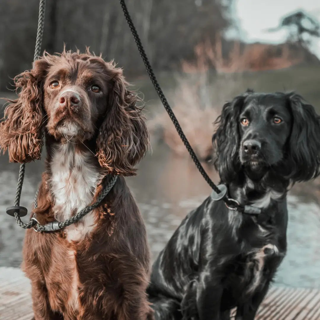 Two dogs on leashes, showcasing the Country Classic Slip Lead in action