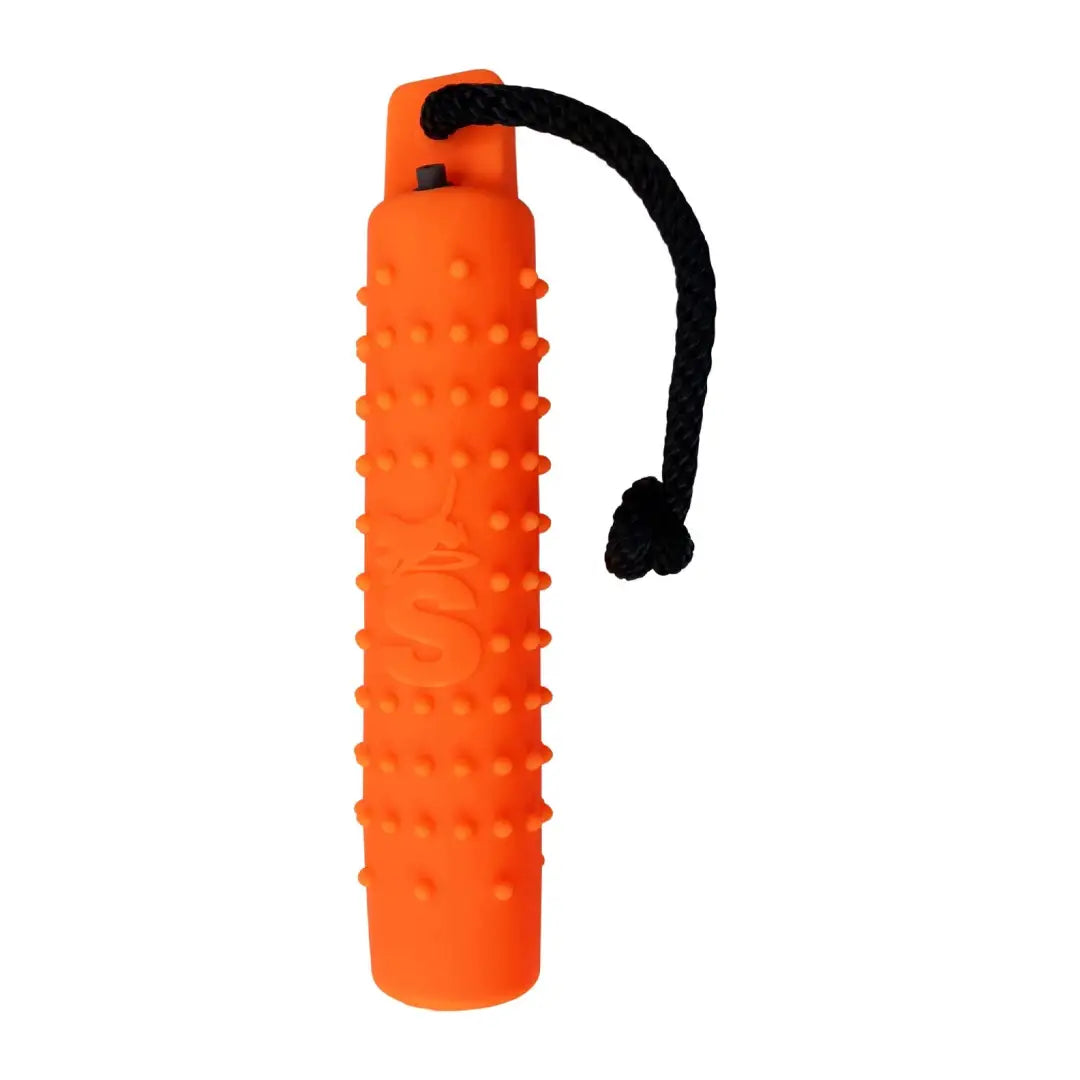 Bright orange Sporting Saint Water Dummy dog toy with black rope handle for fun play