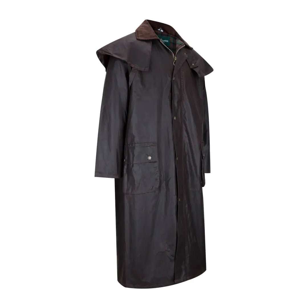 Long dark brown oilskin duster coat, stylish Wax Stockman Coat for every adventure