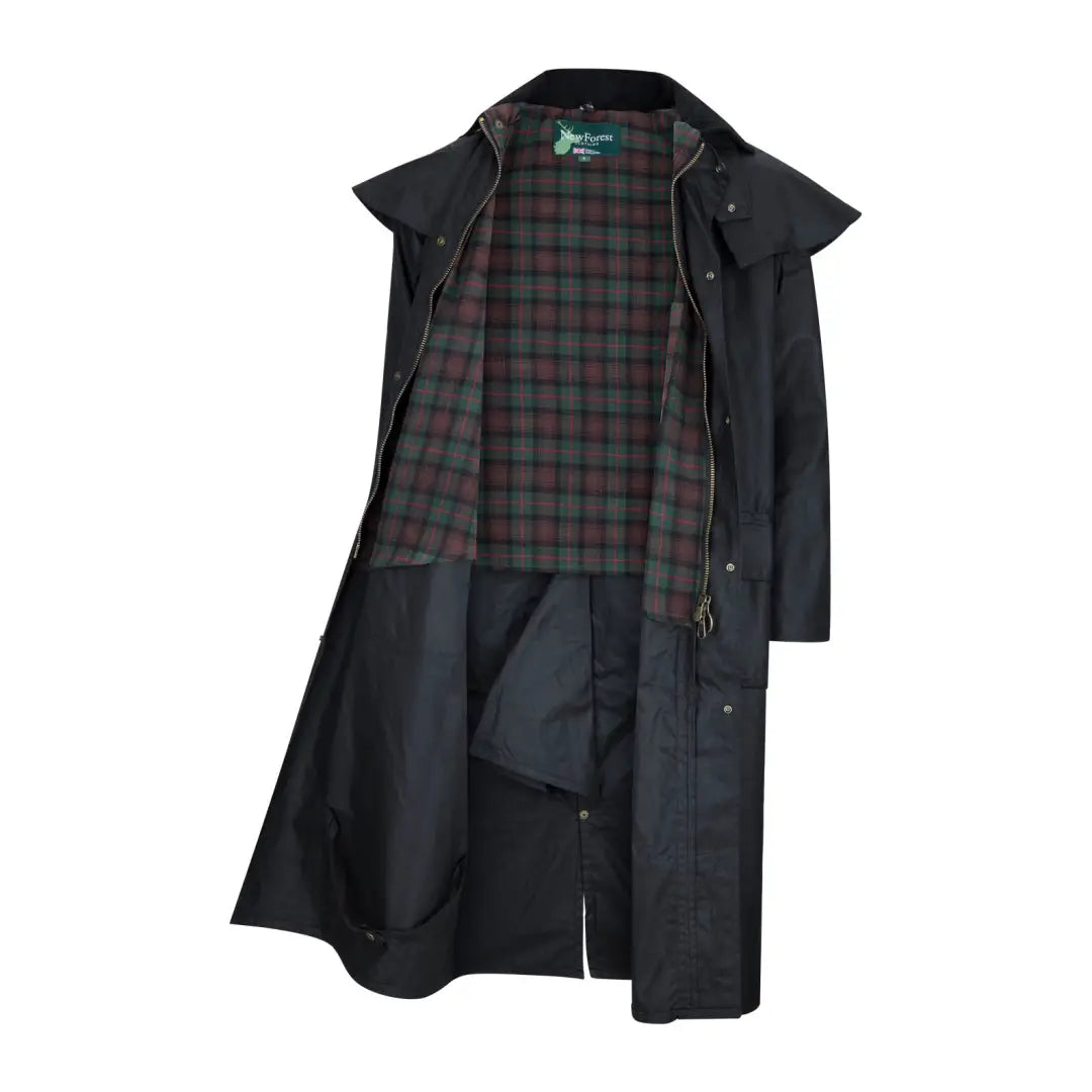 Long black Stockman Wax Coat with stylish plaid lining for a chic look