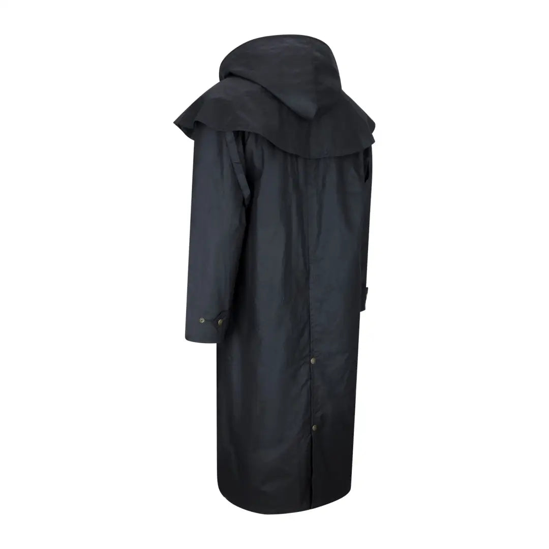 Long black wax stockman coat with a hood and button closures for stylish wet weather