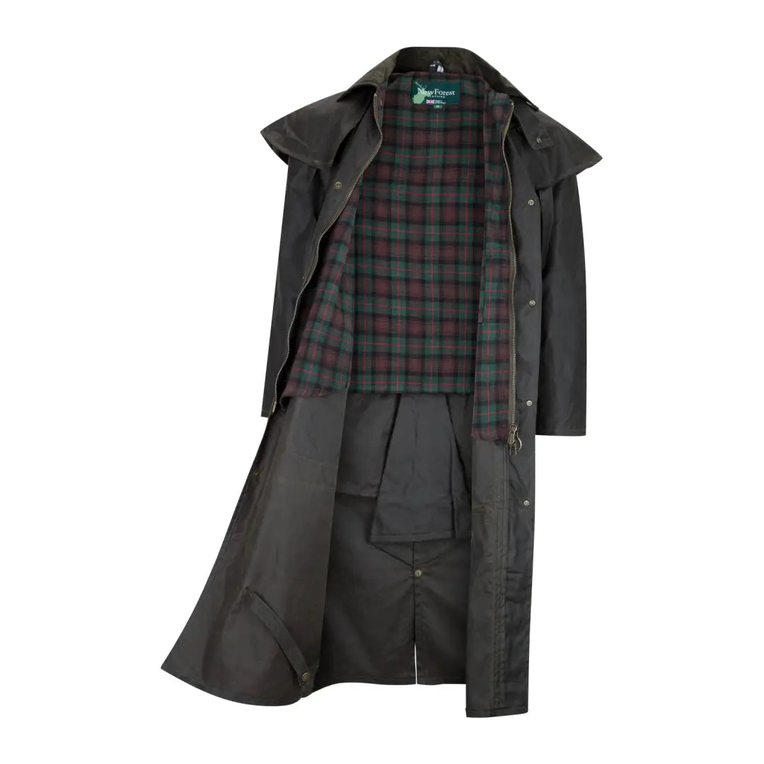 Long dark gray Stockman Full Length Wax Coat with stylish plaid lining