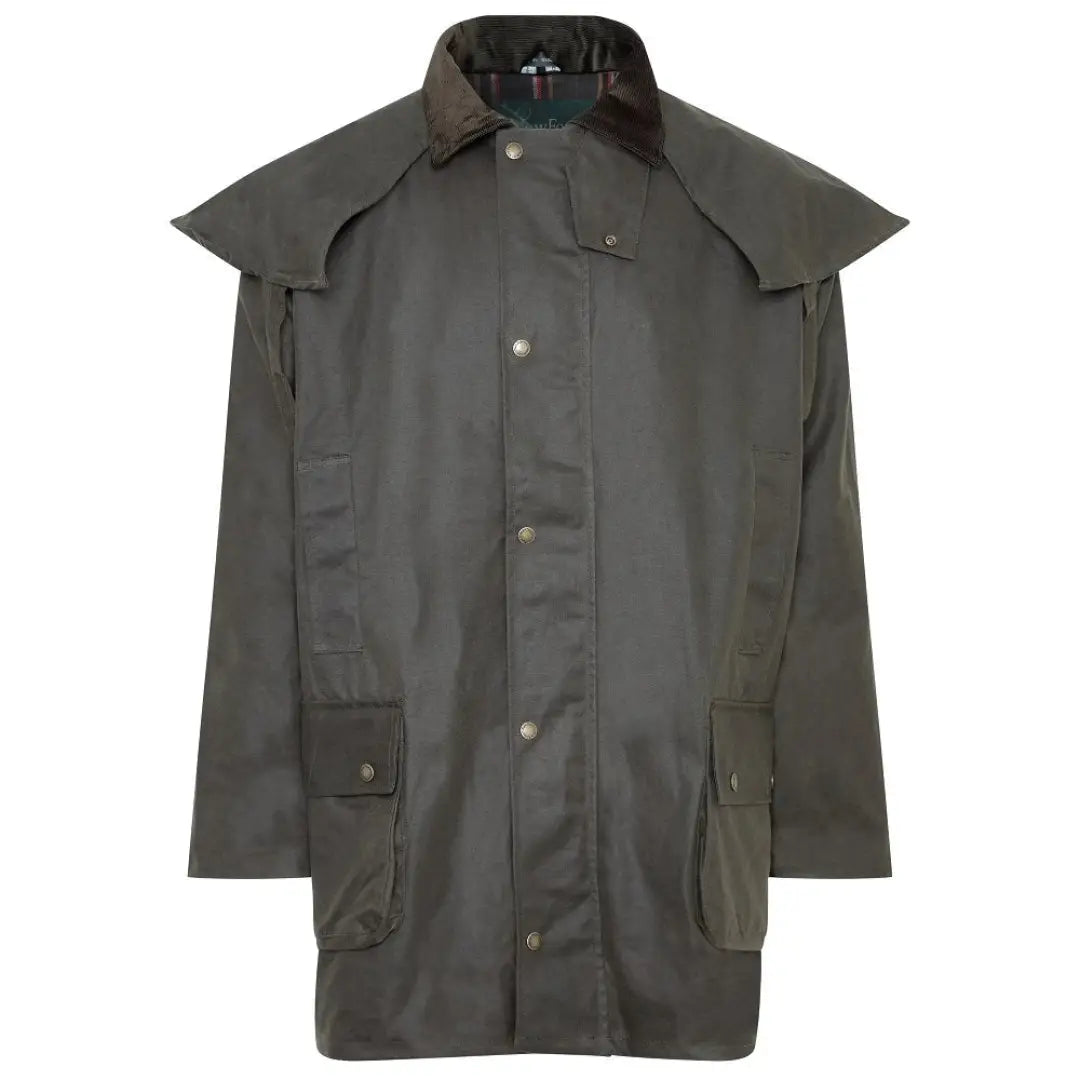 Olive green three quarter length wax coat with detachable cape and pockets