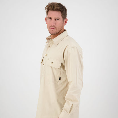 Beige long-sleeved Swanndri Bendigo Work Shirt for durable and stylish workwear