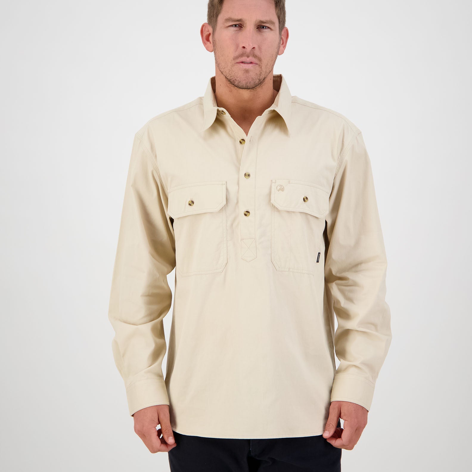 Beige long-sleeved Swanndri Bendigo Work Shirt perfect for any job