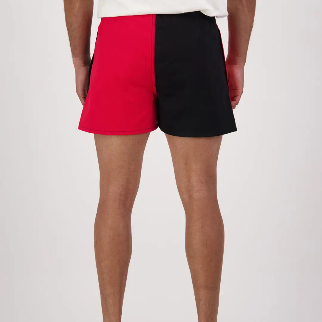 Two-toned red and black harlequin rugby shorts from Swanndri Cotton for sporty style