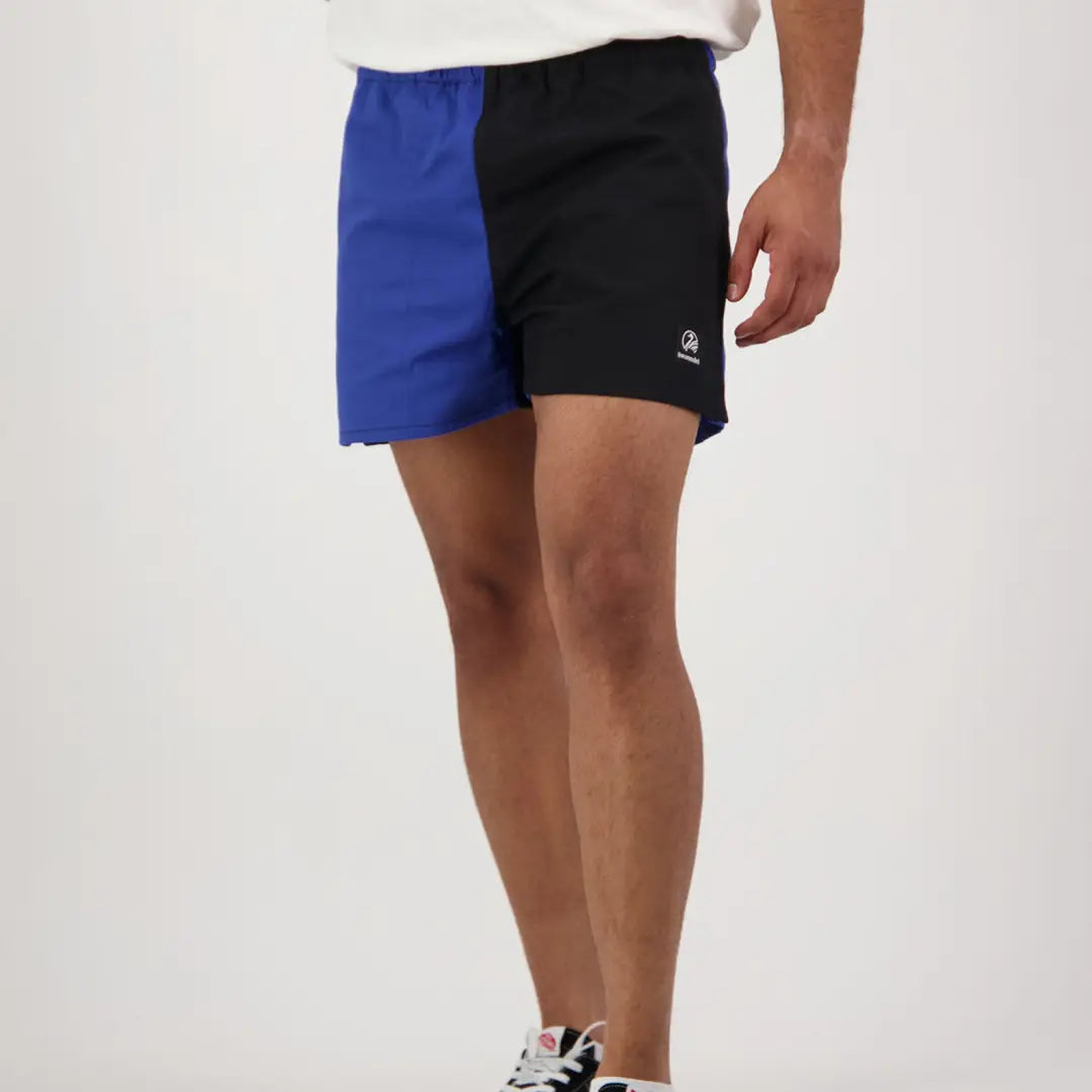 Two-tone athletic shorts in blue and black, perfect for Swanndri Cotton Harlequin Rugby