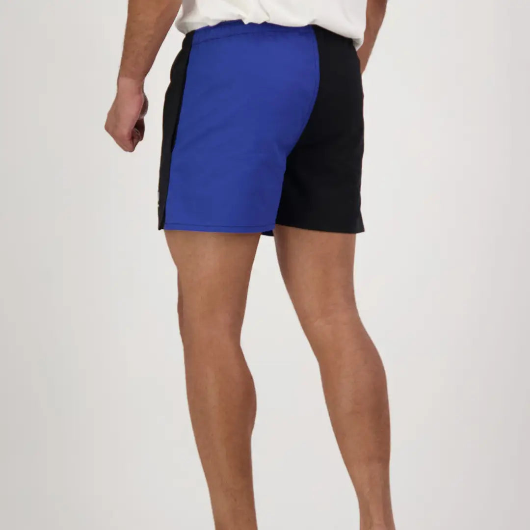 Two-tone athletic shorts in blue and black from Swanndri Cotton Harlequin Rugby collection