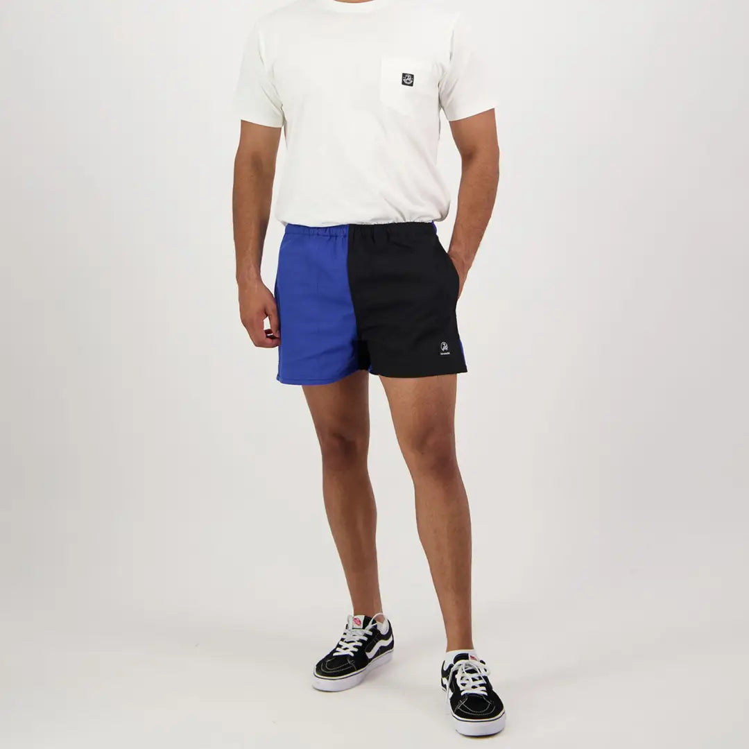 Two-tone Swanndri Cotton Harlequin Rugby Shorts in blue and black halves