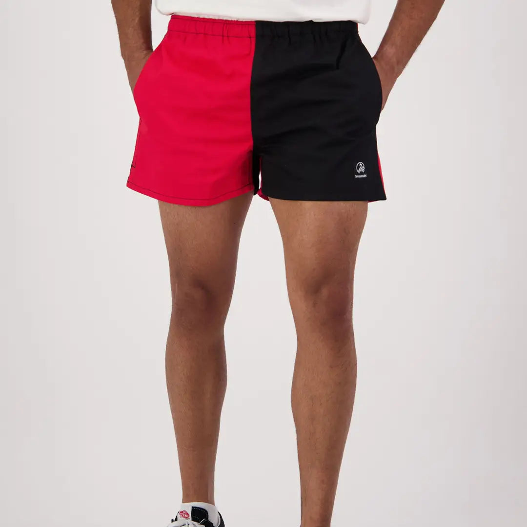 Stylish Two-tone Cotton Harlequin Rugby Shorts in Red and Black for active wear