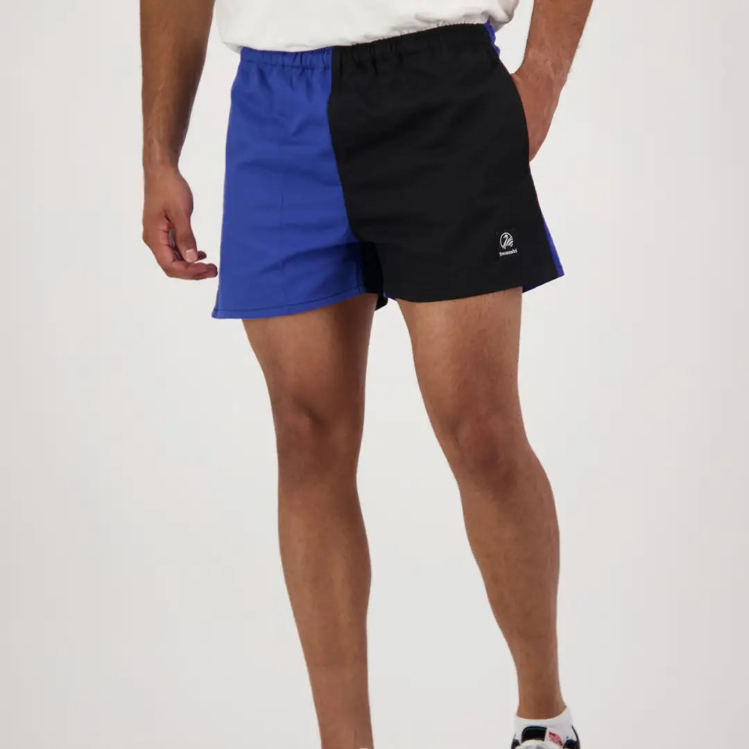 Two-tone Swanndri Cotton Harlequin Rugby Shorts with blue and black legs