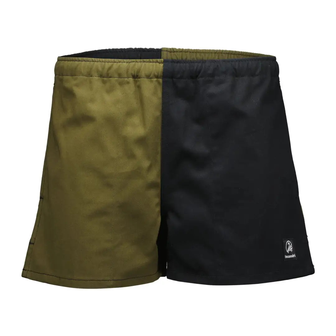 Two-toned Swanndri Cotton Harlequin Rugby Shorts in olive green and black