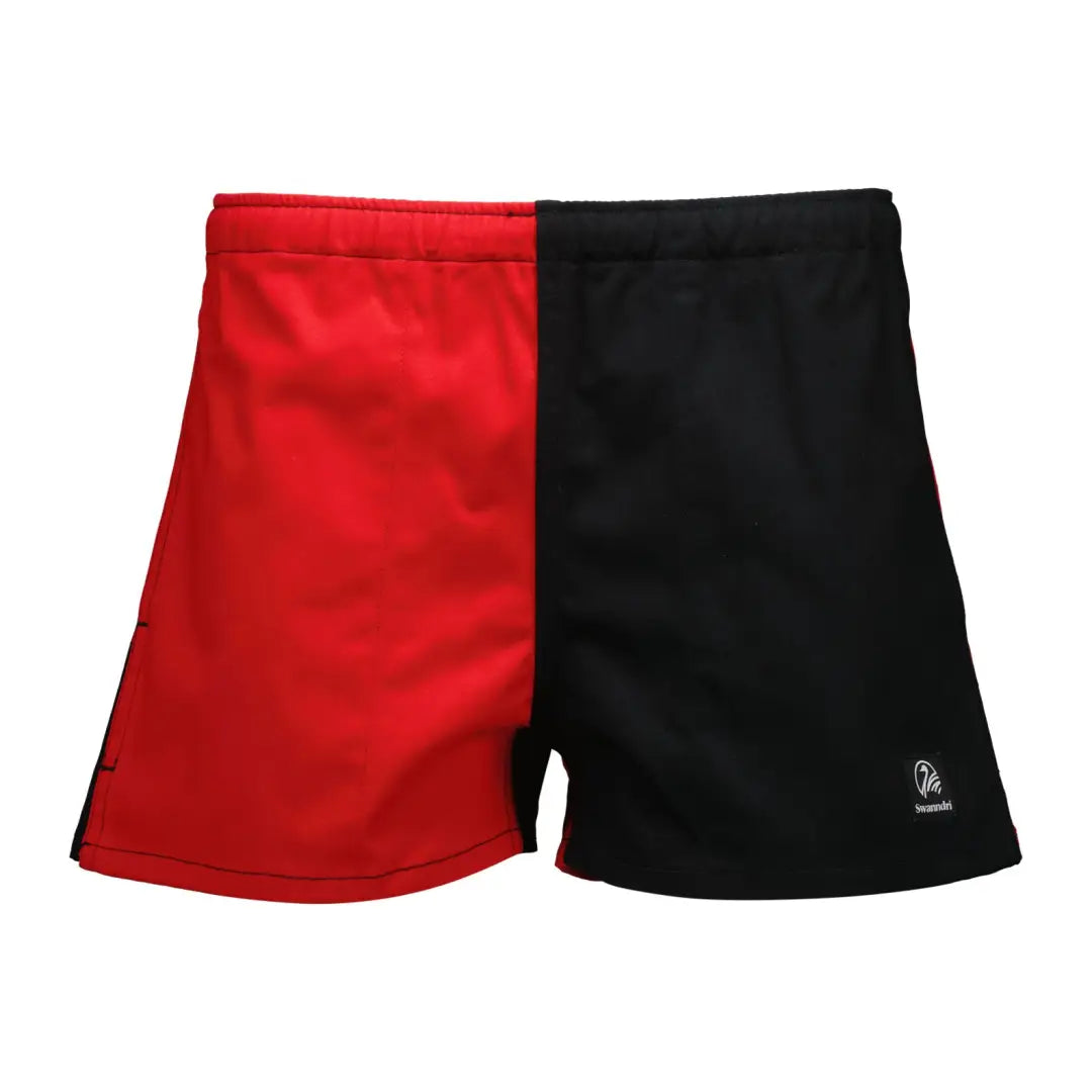 Two-toned Swanndri Cotton Harlequin Rugby Shorts featuring red and black design