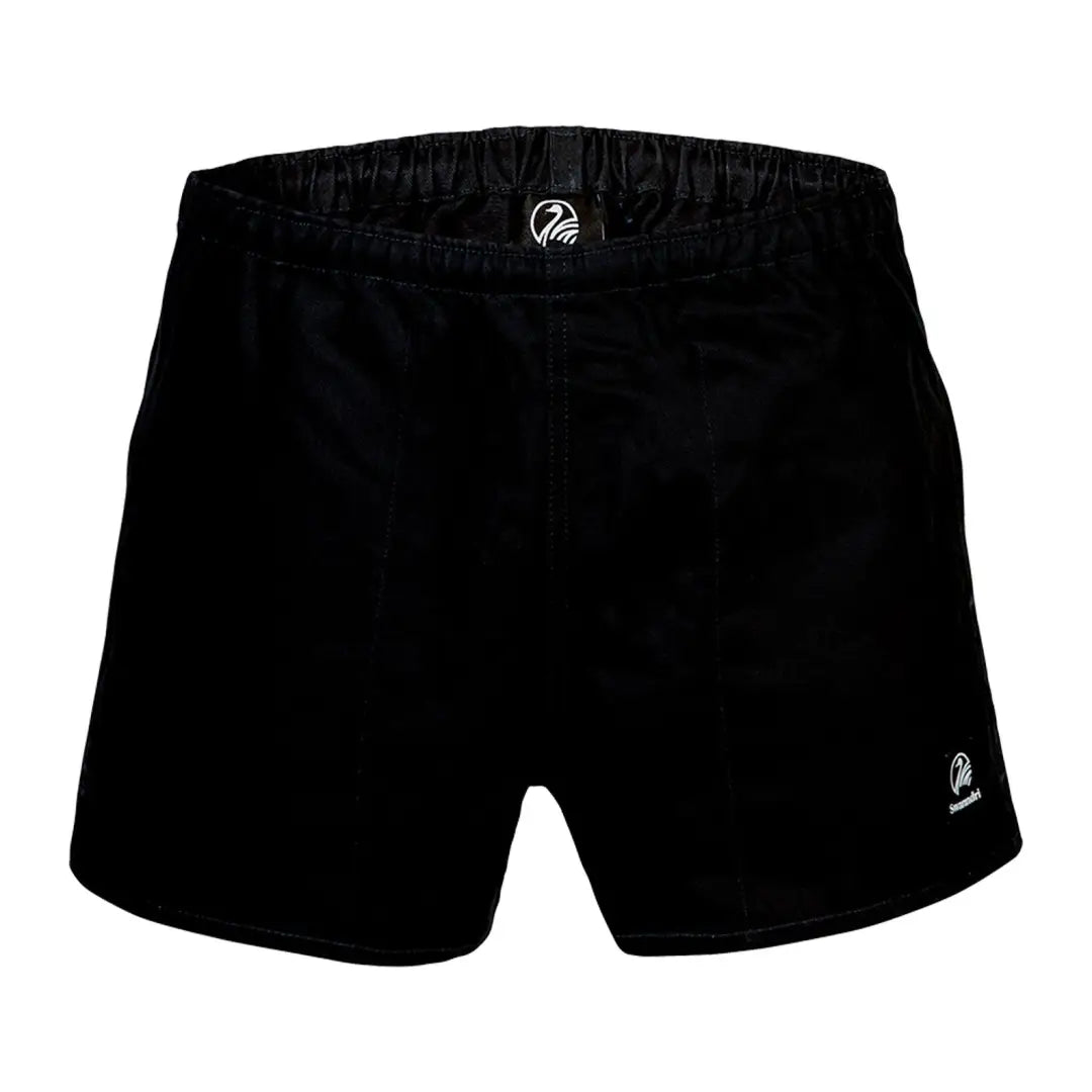 Black Swanndri Cotton Rugby Shorts with elastic waistband and small logo, perfect for country clothing