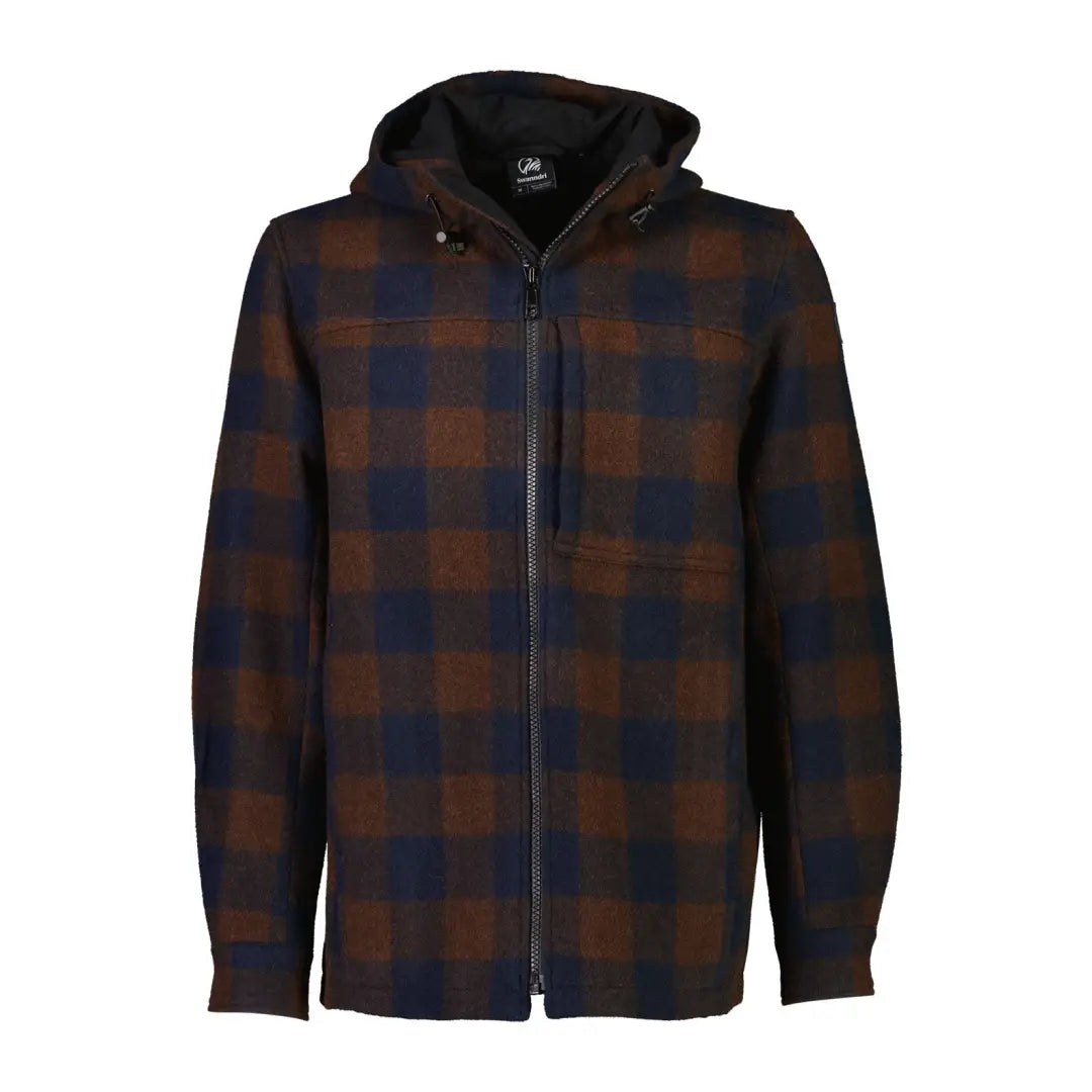 Plaid brown and navy Swanndri Hudson Wool Hoodie with zipper front perfect for cozy style