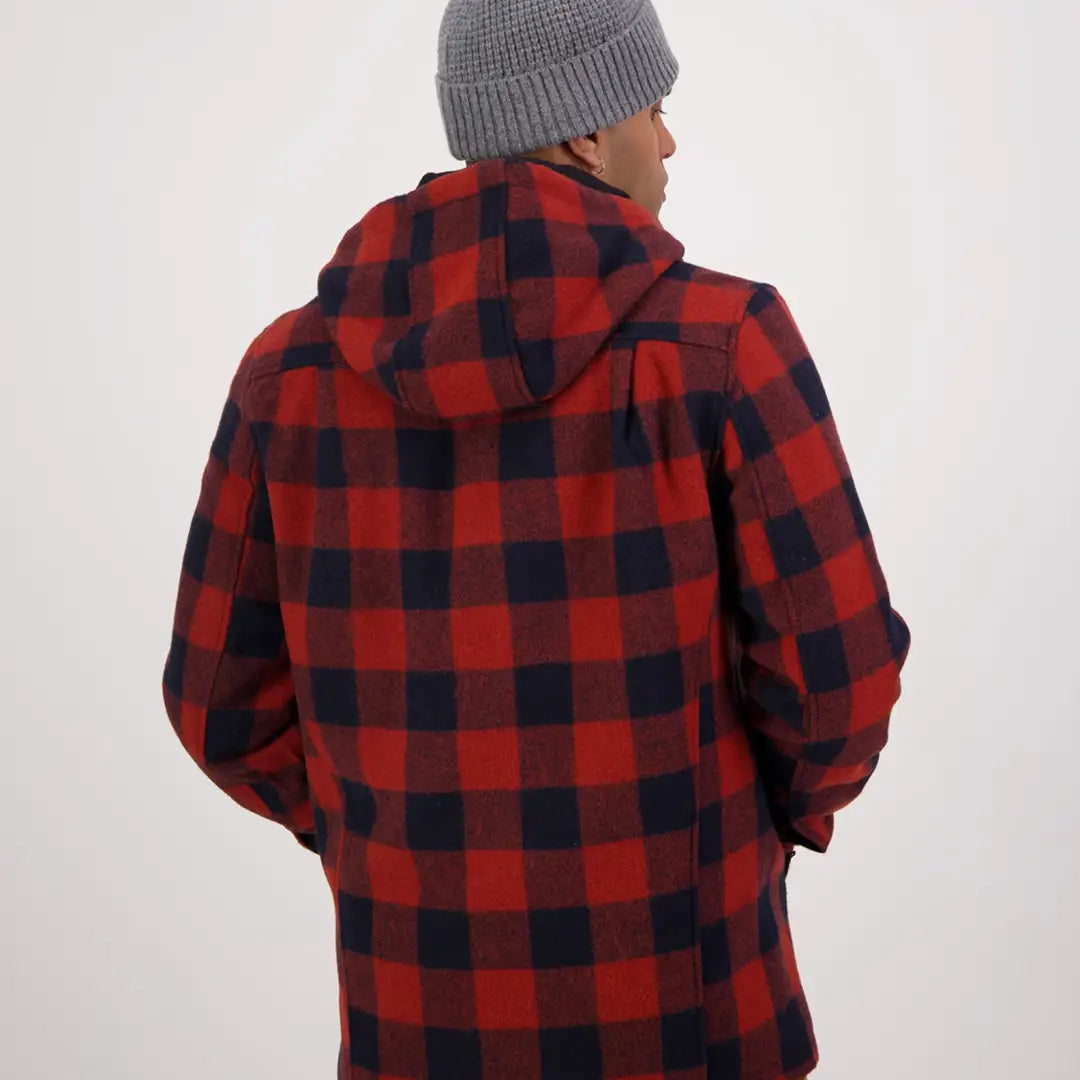 Red and black buffalo plaid Hudson Wool Hoodie jacket with hood for stylish warmth