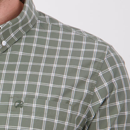 Green and white plaid button-down shirt, perfect for country clothing and outdoor adventures