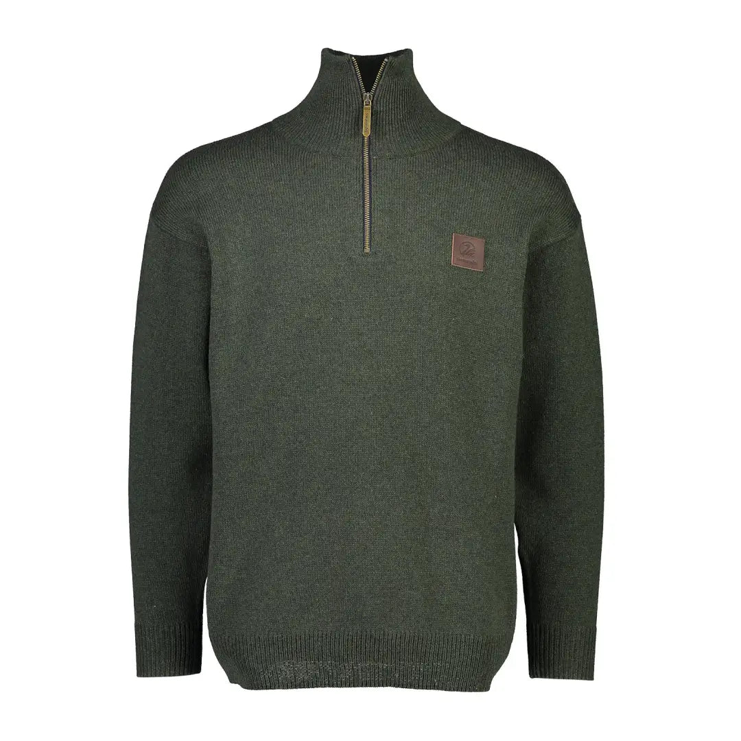 Dark green Swanndri Mariner Zip Neck Jumper with quarter-zip and leather patch