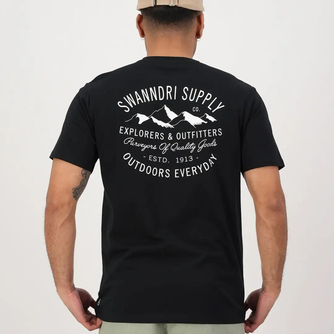 Black t-shirt featuring Swanndri Supply print, perfect for country clothing and outdoor adventures