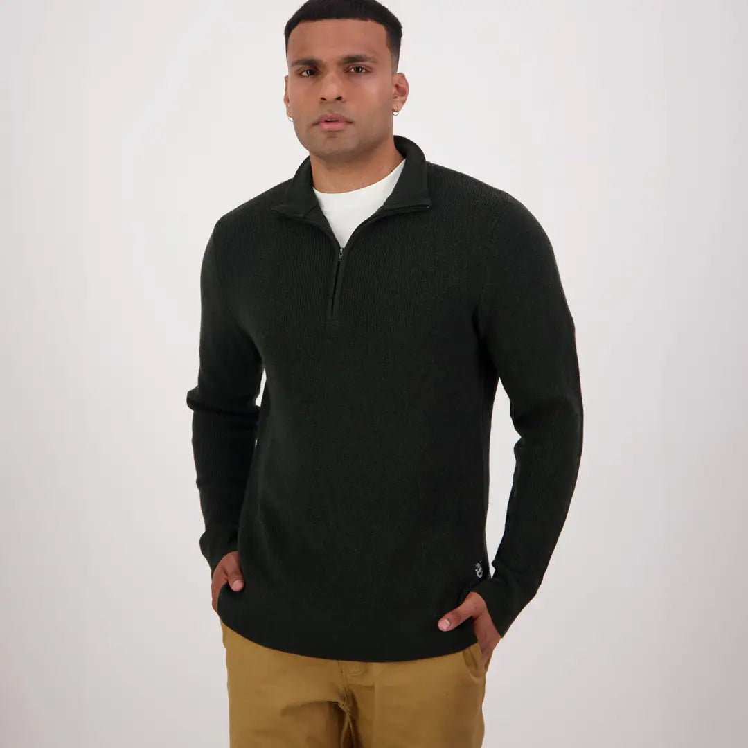 Dark green Swanndri Otahu River quarter-zip sweater with panelled knit detailing