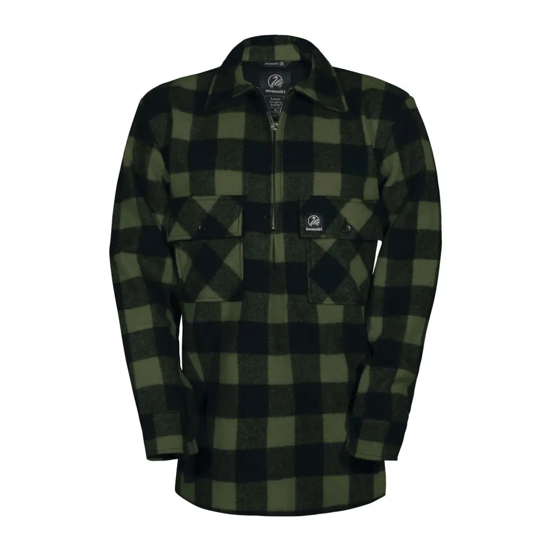 Green and black plaid flannel Swanndri Ranger Wool Zip Front Bush Shirt for outdoor adventures