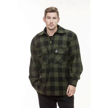 Green and black plaid flannel bush shirt with front pockets, perfect for outdoor adventures