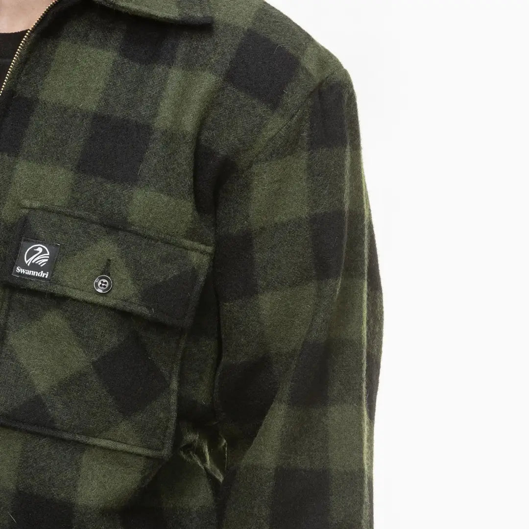 Plaid dark green and black flannel Ranger Bush Shirt by Swanndri with logo