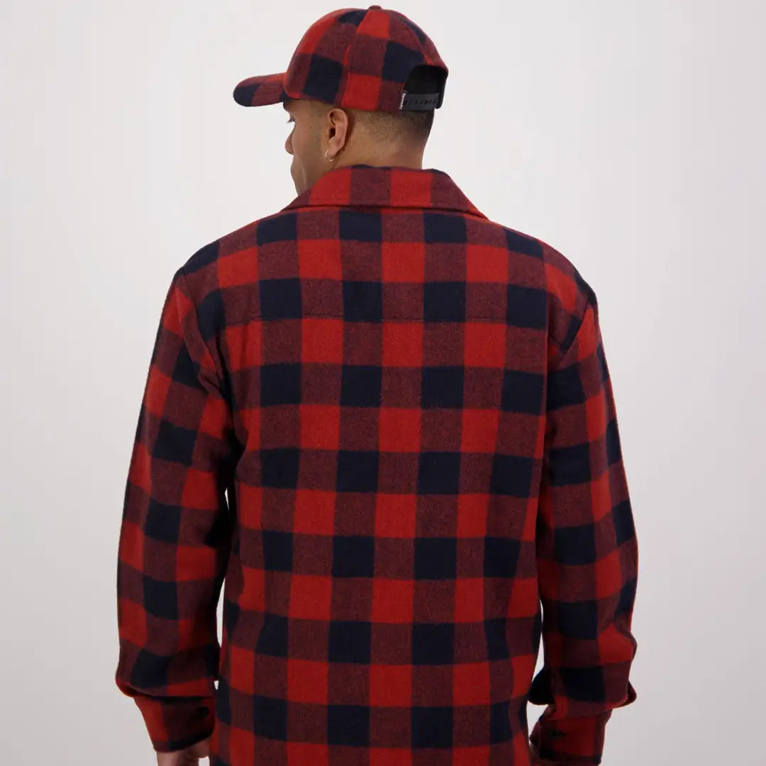 Red and black buffalo plaid flannel with cap on a Swanndri Ranger Bush Shirt model