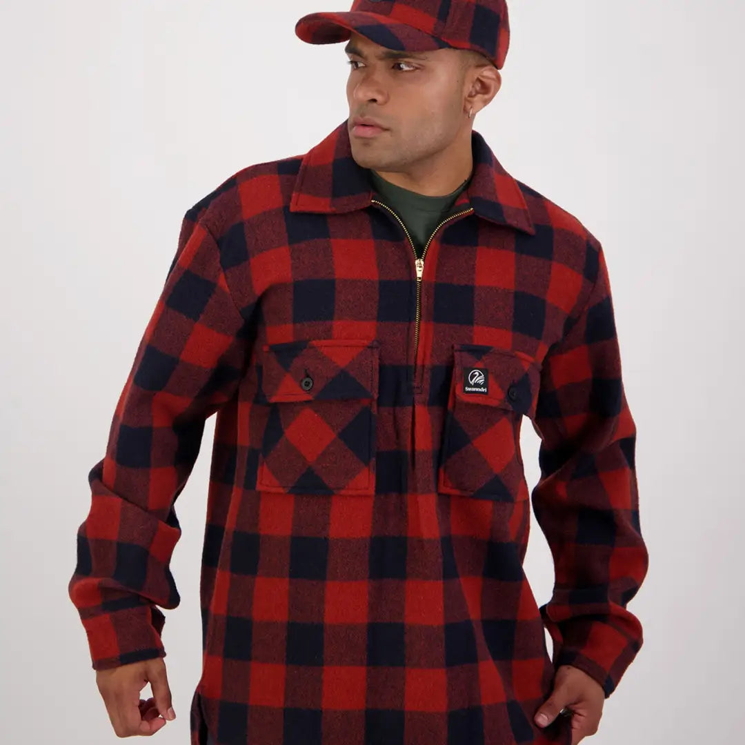 Red and black plaid flannel Ranger Bush Shirt with zipper and baseball cap style