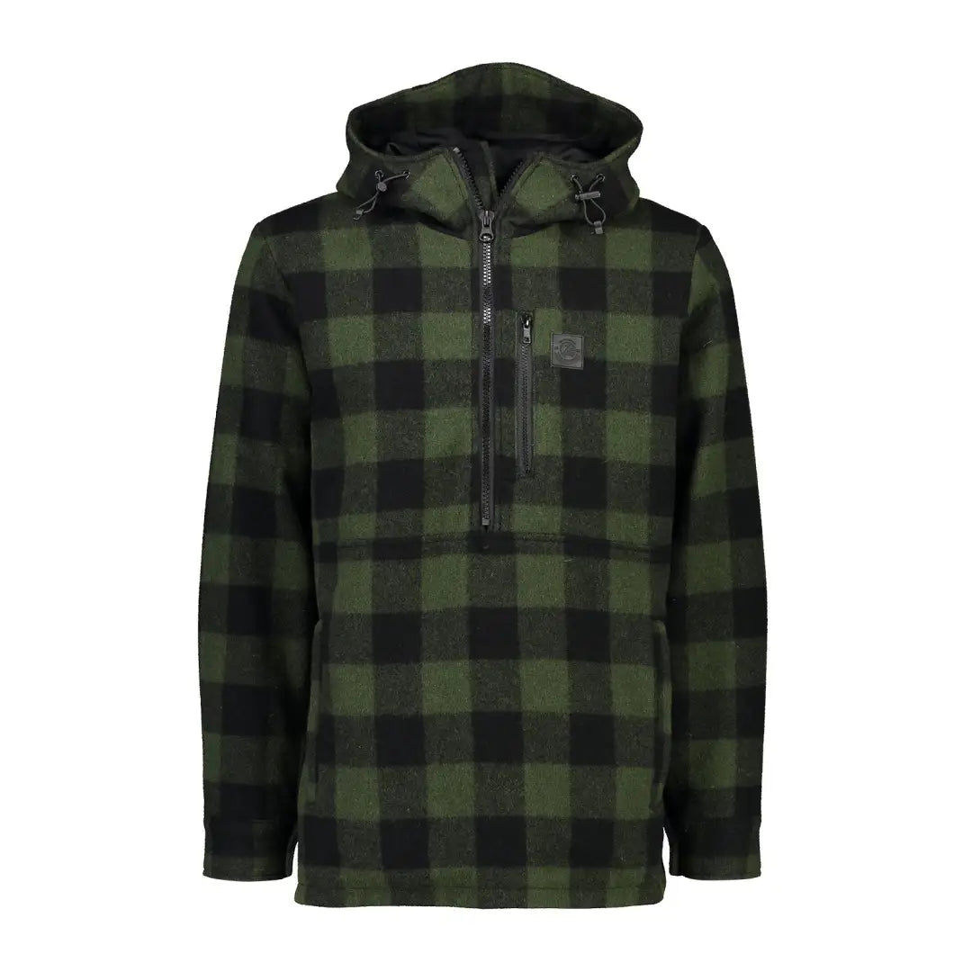 Green and black plaid Swanndri Reidston Wool Anorak with a half-zip front