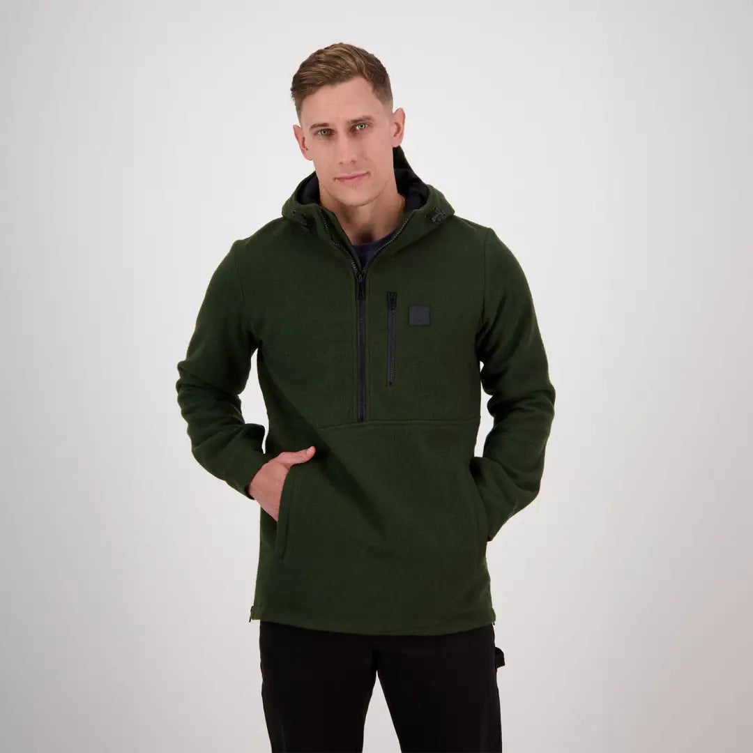 Dark green Swanndri Reidston Wool Anorak with zipper front and cozy hood