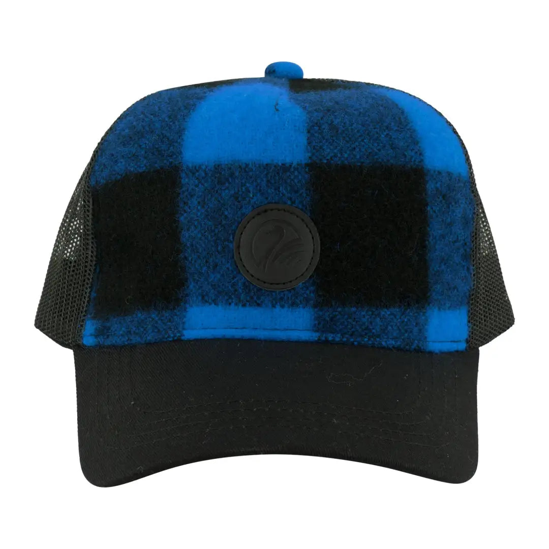 Trucker-style baseball cap with blue and black plaid, perfect for country clothing or hunting