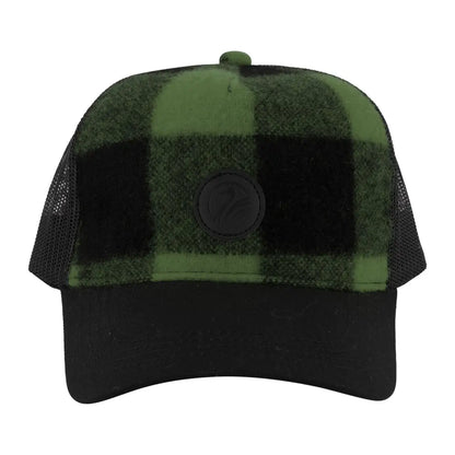 Trucker-style baseball cap with green and black plaid, perfect for country clothing and hunting