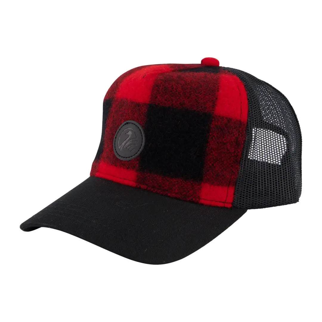 Red and black plaid Swanni Trucker Cap, a stylish baseball cap for country clothing and hunting